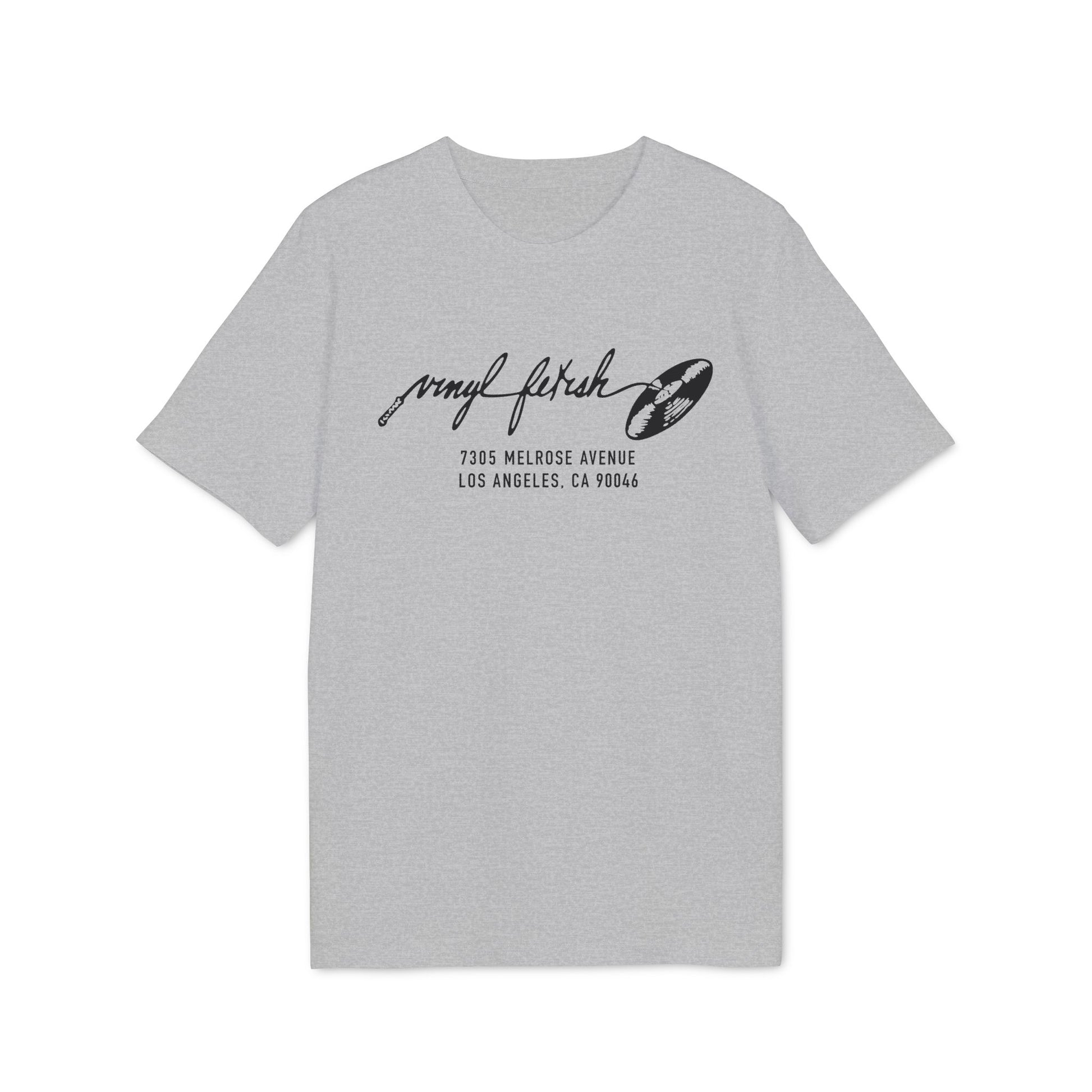 Grey t-shirt with black "Vinyl Fetch" logo and Los Angeles address.