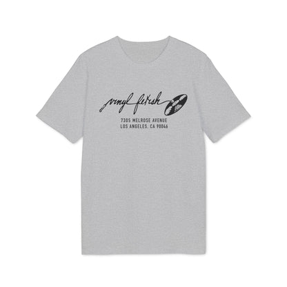 Grey t-shirt with black "Vinyl Fetch" logo and Los Angeles address.