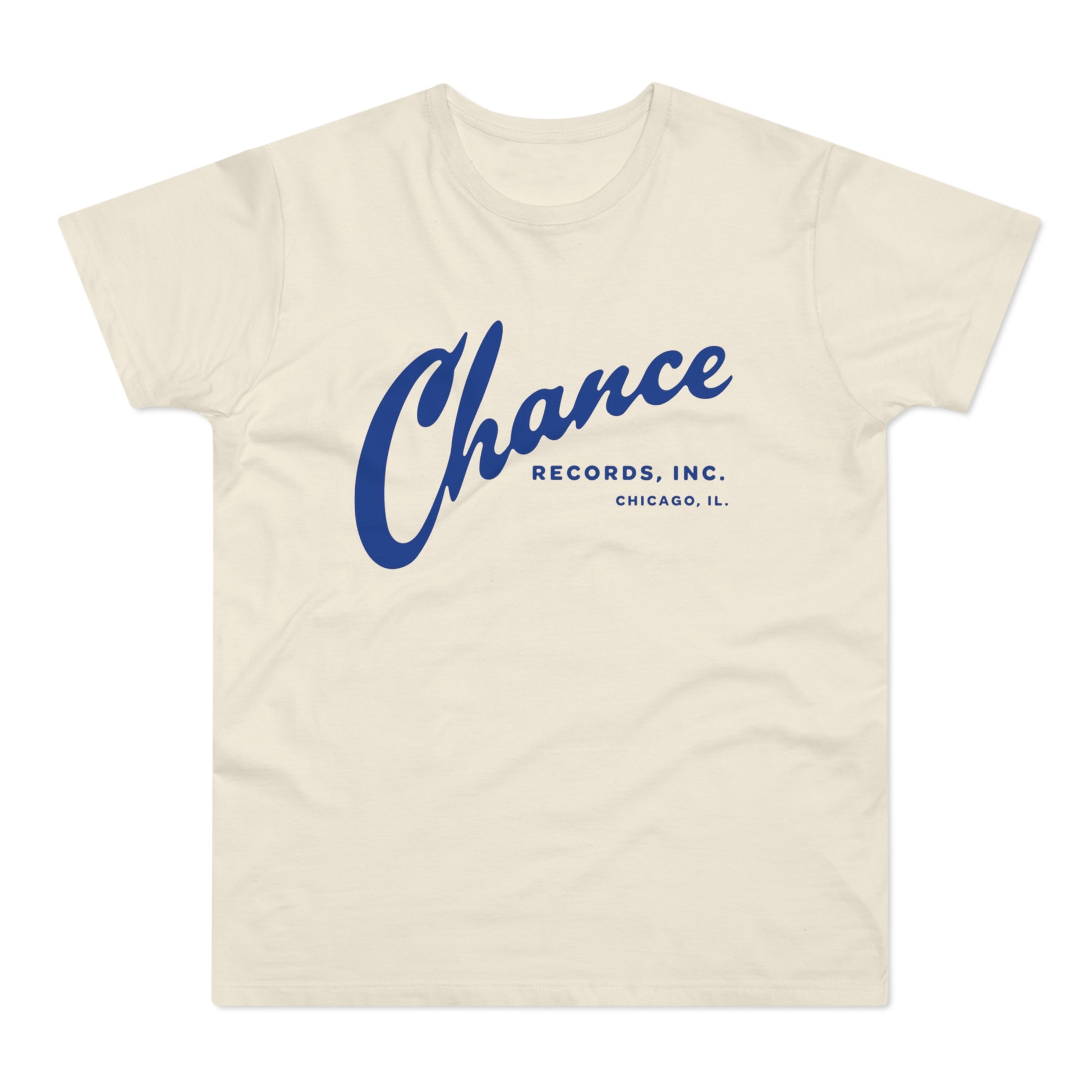Cream t-shirt with blue Chance Records Inc. Chicago, IL logo.