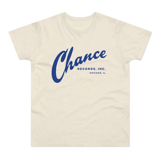 Cream t-shirt with blue Chance Records Inc. Chicago, IL logo.