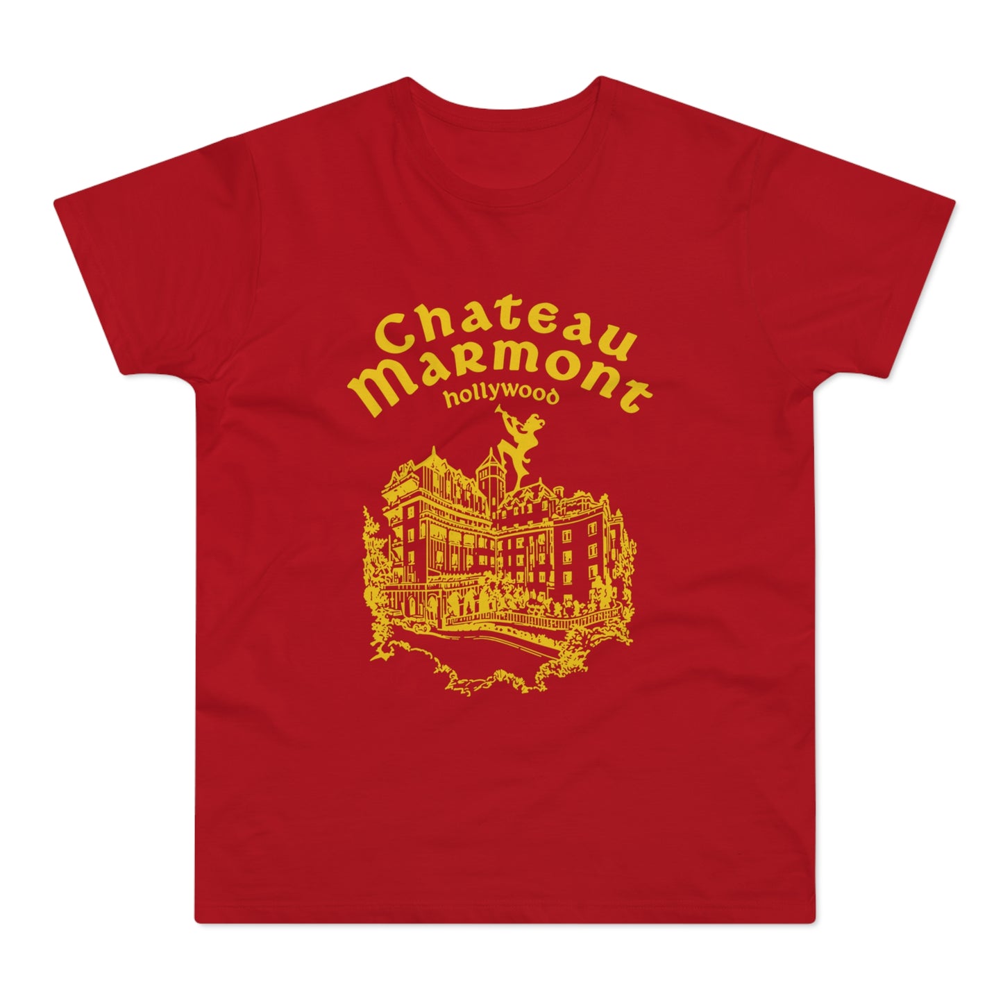 Red t-shirt with yellow Chateau Marmont Hollywood graphic and building illustration.