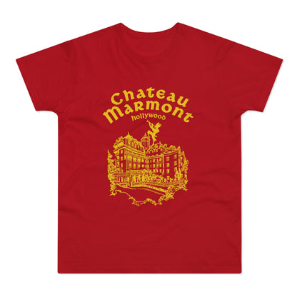 Red t-shirt with yellow Chateau Marmont Hollywood graphic and building illustration.