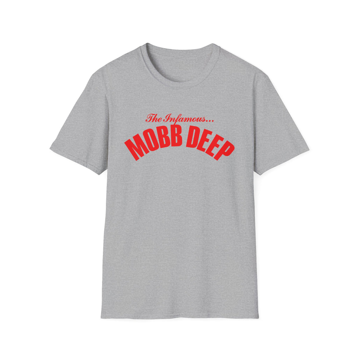Grey t-shirt with red "The Infamous... MOBB DEEP" text design.