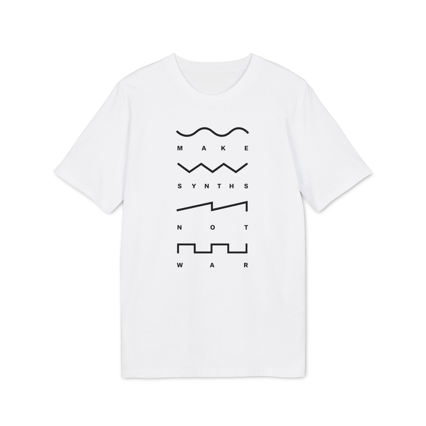 White t-shirt with black text and graphics: "MAKE SYNTHS NOT WAR".