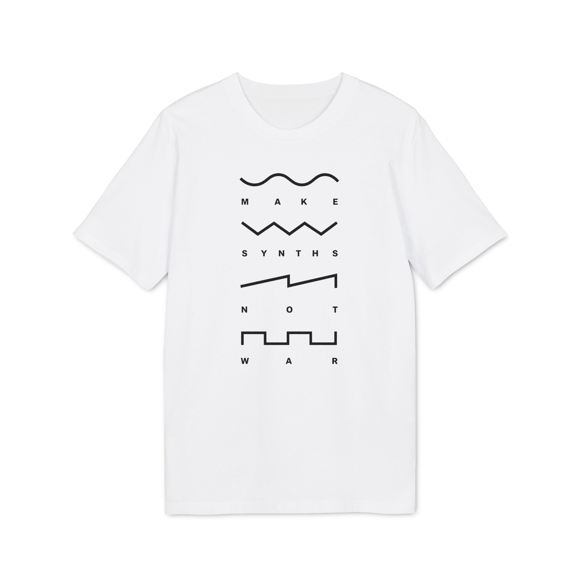 White t-shirt with black text and graphics: "MAKE SYNTHS NOT WAR".