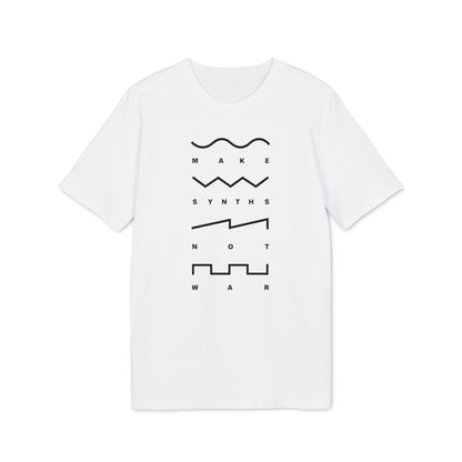 White t-shirt with black text and graphics: "MAKE SYNTHS NOT WAR".