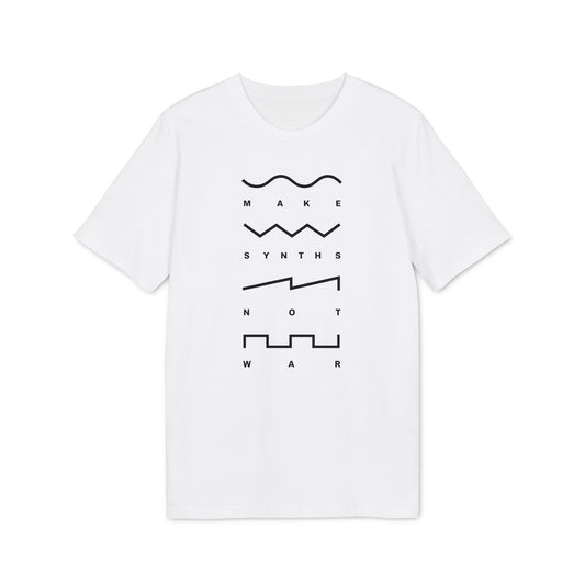 White t-shirt with black text and graphics: "MAKE SYNTHS NOT WAR".
