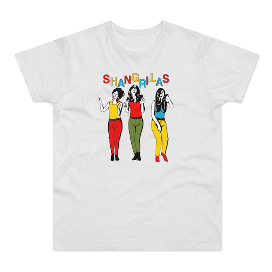 White t-shirt with colorful "SHANGRI-LAS" text and three women illustration.
