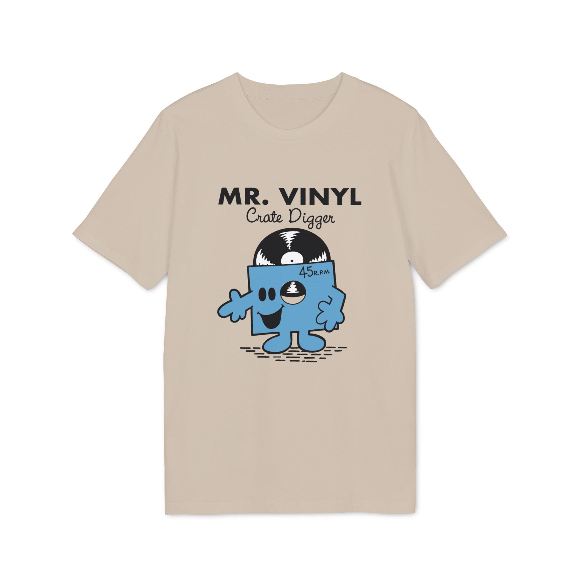 T-shirt with "MR. VINYL Crate Digger" and a blue cartoon record.