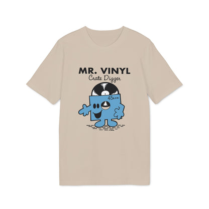 T-shirt with "MR. VINYL Crate Digger" and a blue cartoon record.
