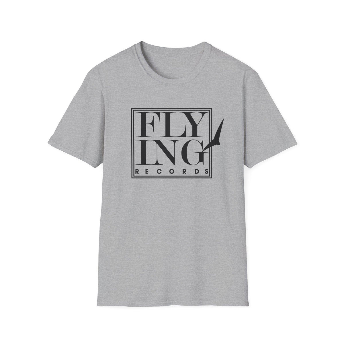 Grey t-shirt with black "FLYING RECORDS" logo and bird graphic.