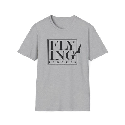 Grey t-shirt with black "FLYING RECORDS" logo and bird graphic.