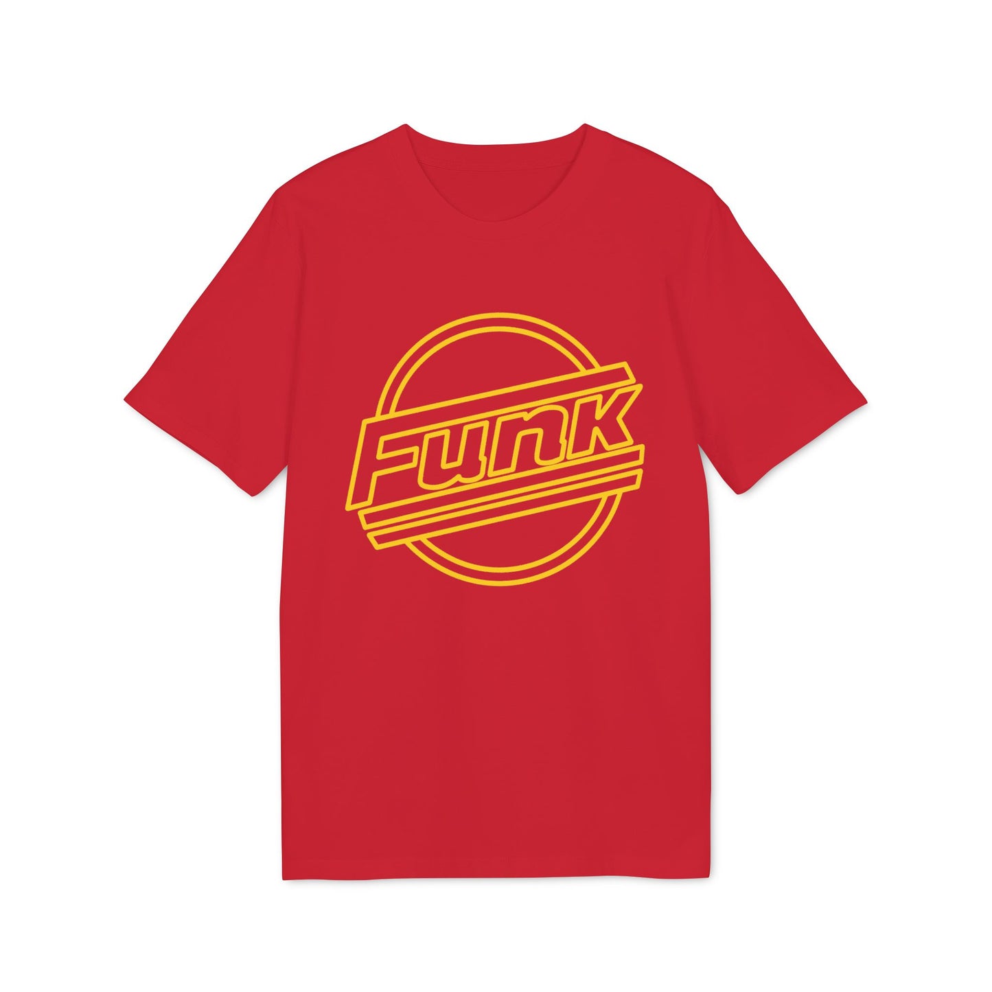 Red t-shirt with yellow "funk" text inside a circle with parallel lines.