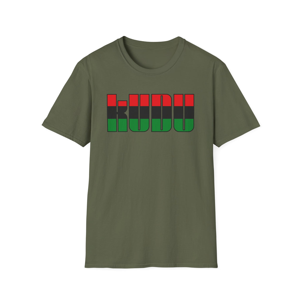 Olive green t-shirt with text "KUWU" in black and red stripes.