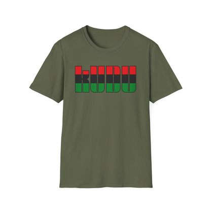 Olive green t-shirt with text "KUWU" in black and red stripes.
