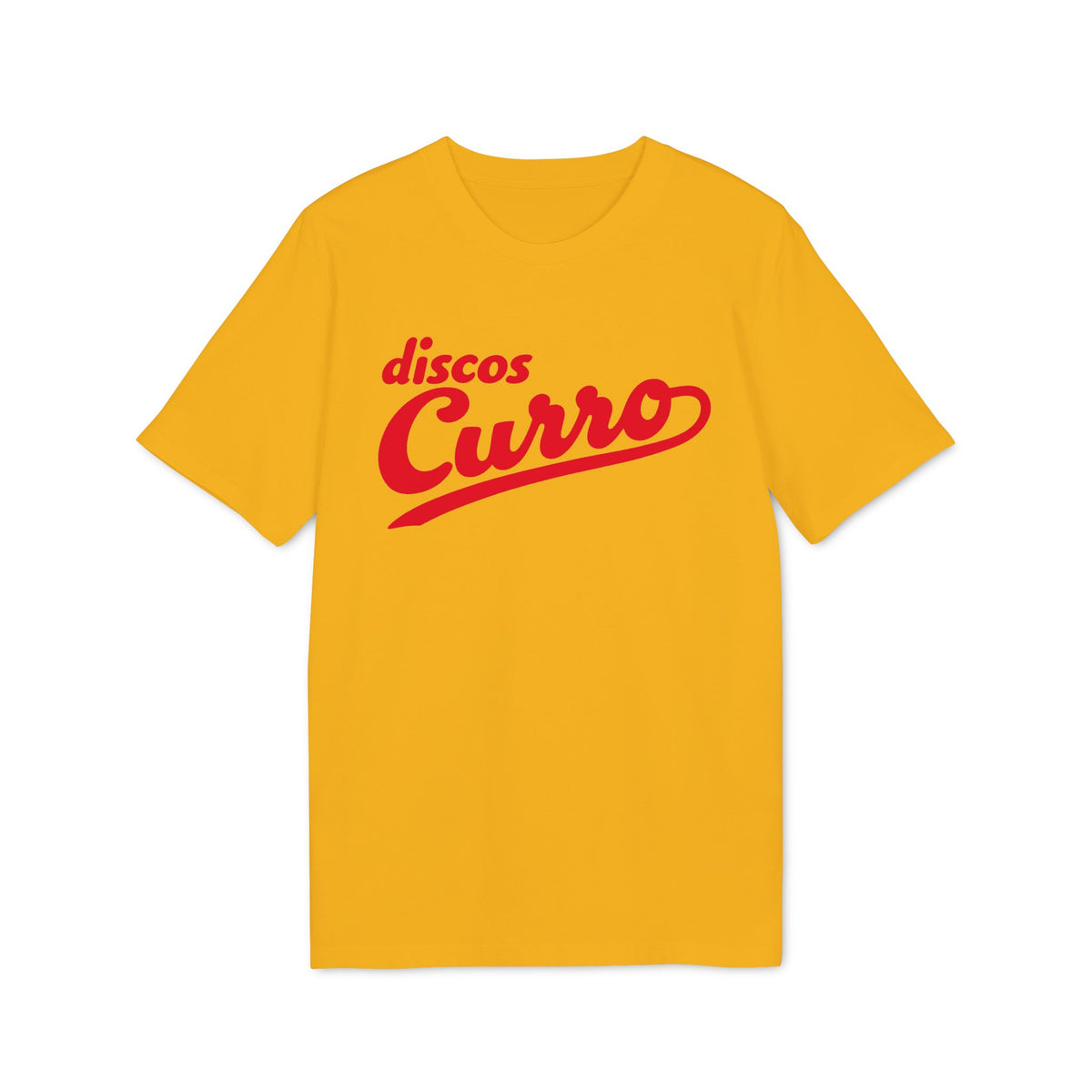 Yellow t-shirt with red "discos Curro" text graphic.