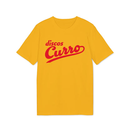Yellow t-shirt with red "discos Curro" text graphic.