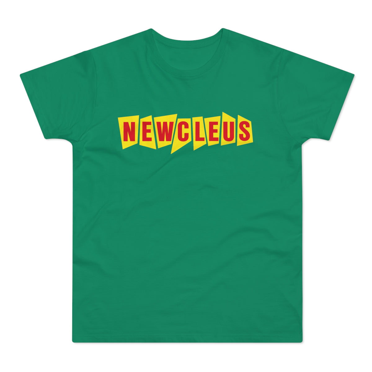 Green t-shirt with red "NEWCLEUS" text in a jagged yellow font.