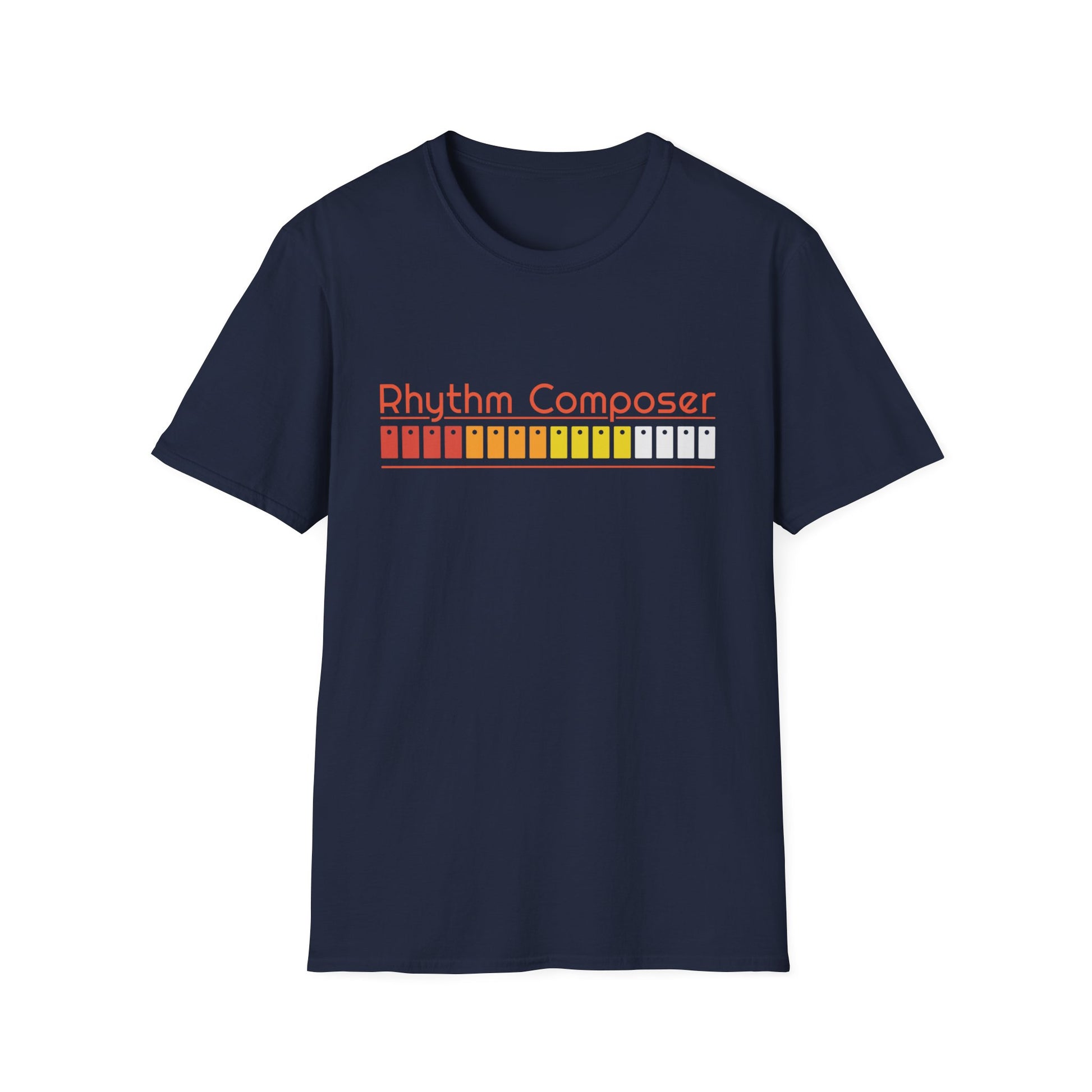 Navy t-shirt with "Rhythm Composer" text and a vintage equalizer graphic.