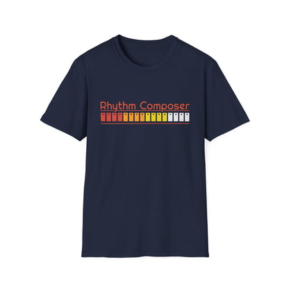 Navy t-shirt with "Rhythm Composer" text and a vintage equalizer graphic.