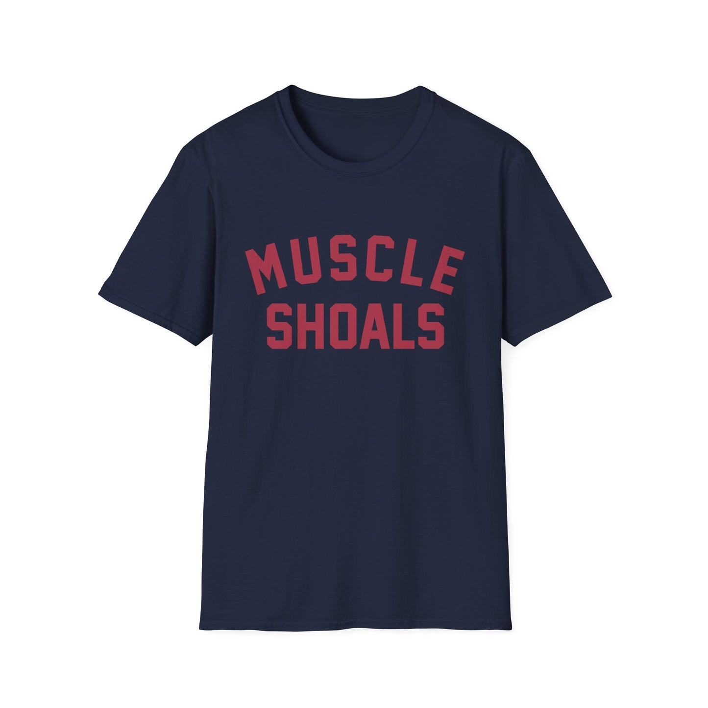 Navy t-shirt with red text reading "MUSCLE SHOALS" on the front.