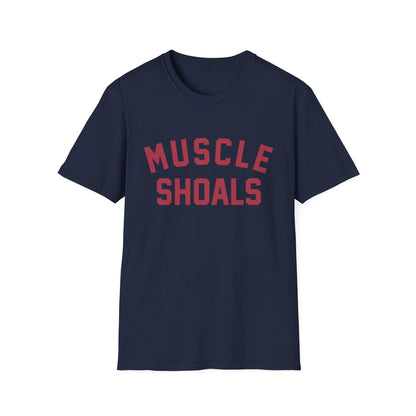 Navy t-shirt with red text reading "MUSCLE SHOALS" on the front.
