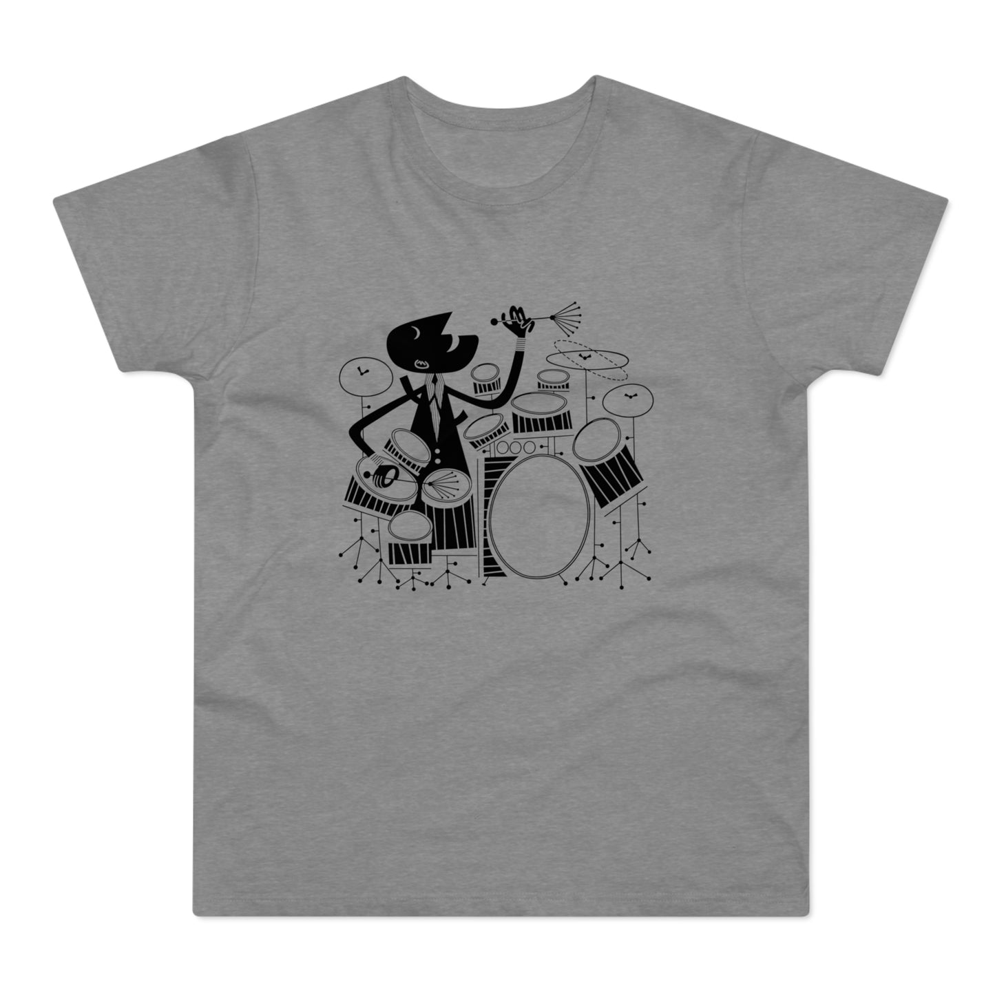 Black line drawing of a stylized figure playing drums on a grey t-shirt.