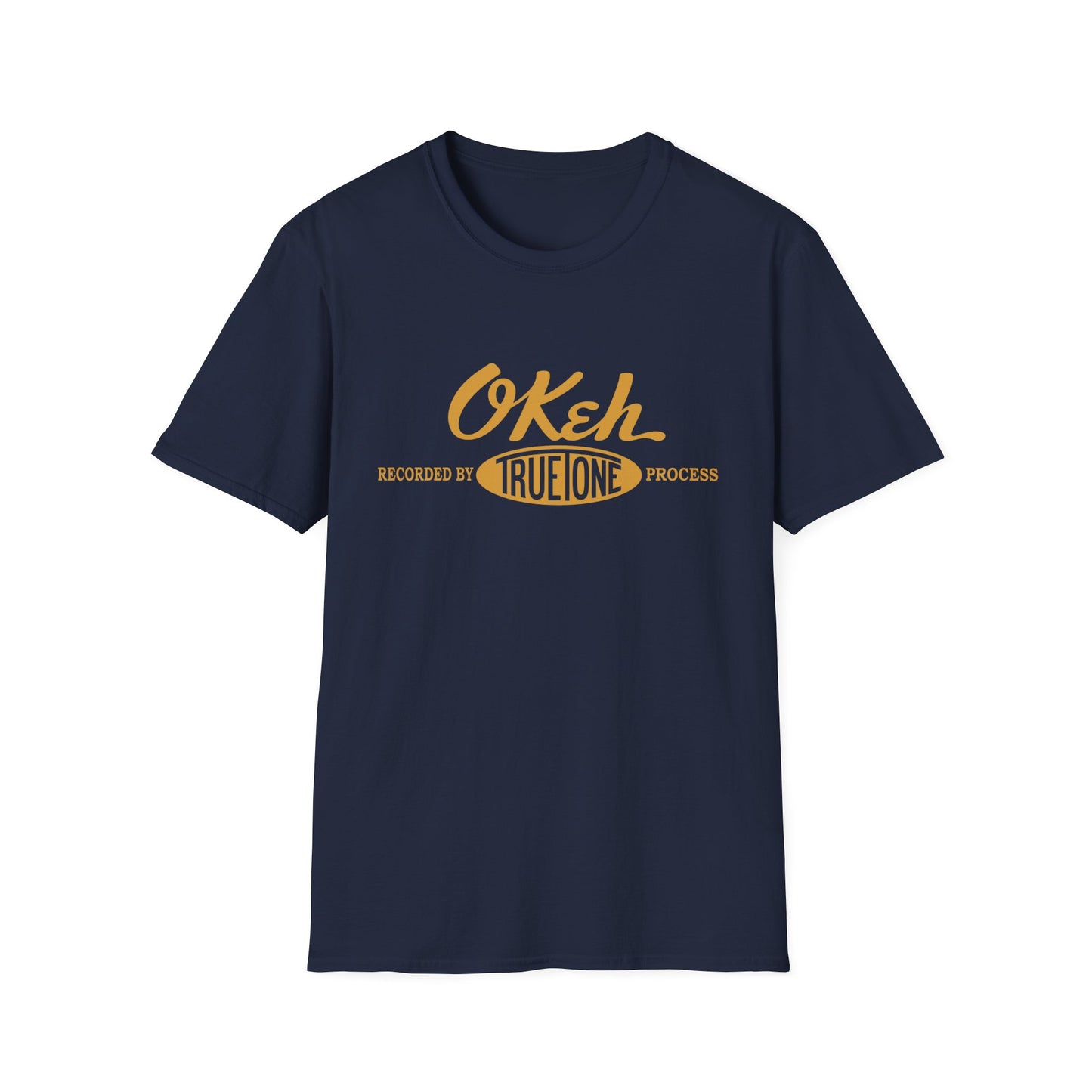 Dark navy t-shirt with yellow "OKeh Recorded by TrueTone Process" text.