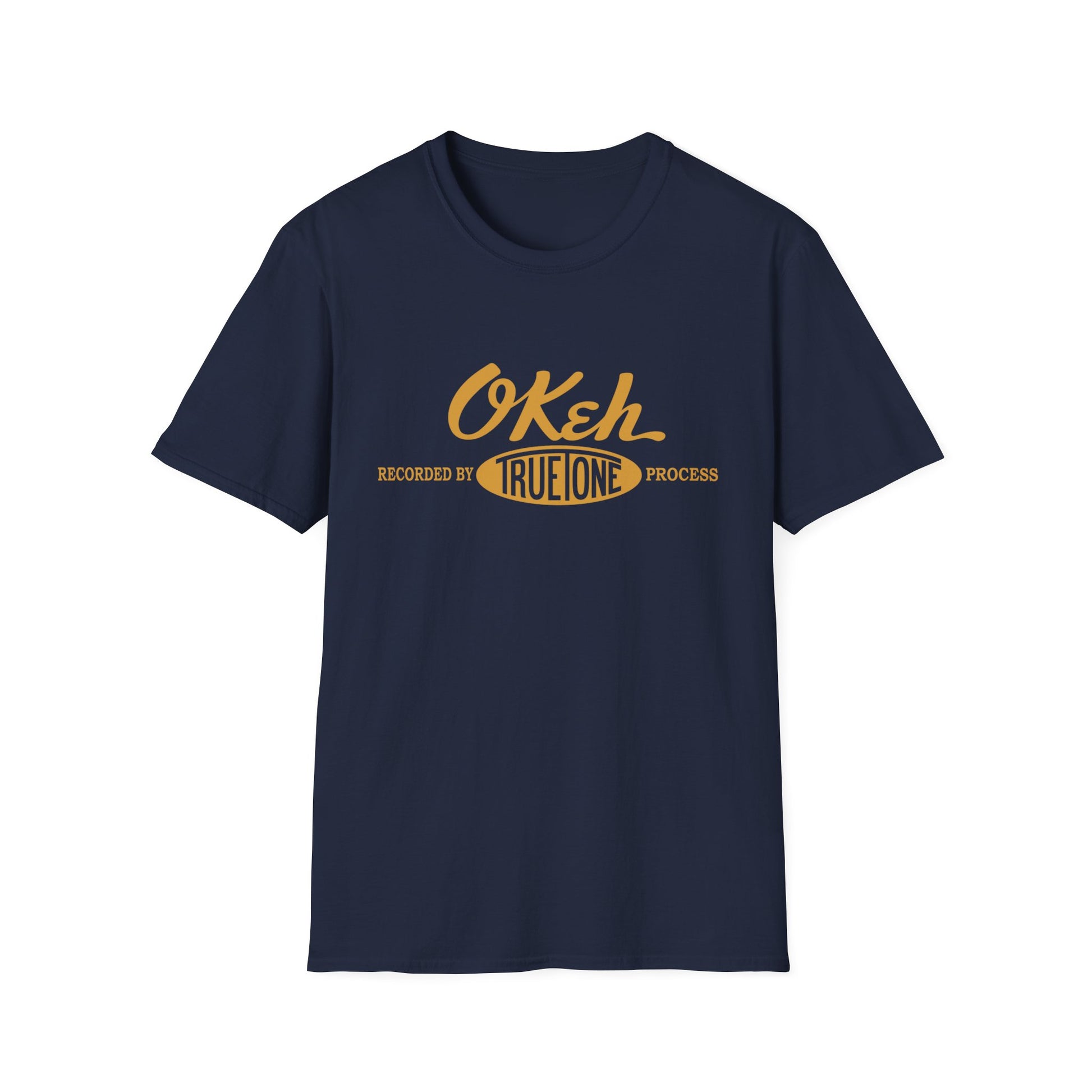 Dark navy t-shirt with yellow "OKeh Recorded by TrueTone Process" text.