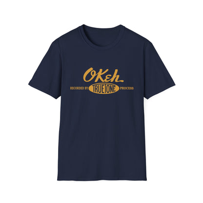 Dark navy t-shirt with yellow "OKeh Recorded by TrueTone Process" text.
