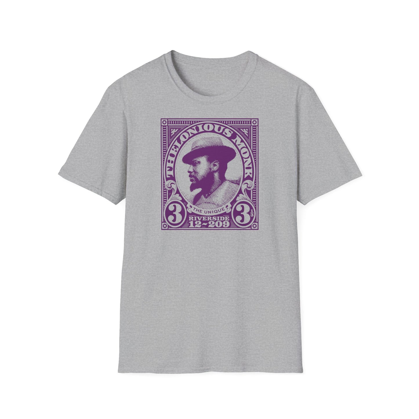 Thelonious Monk portrait graphic on a grey t-shirt.
