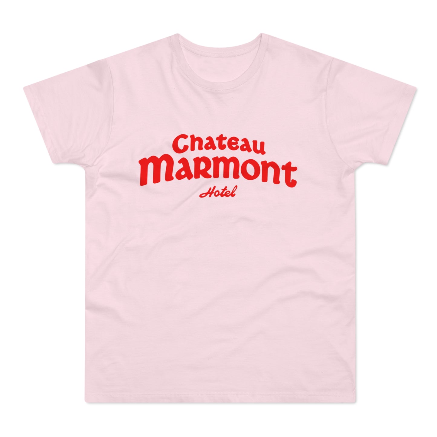 Pink t-shirt with red Chateau Marmont Hotel logo text.