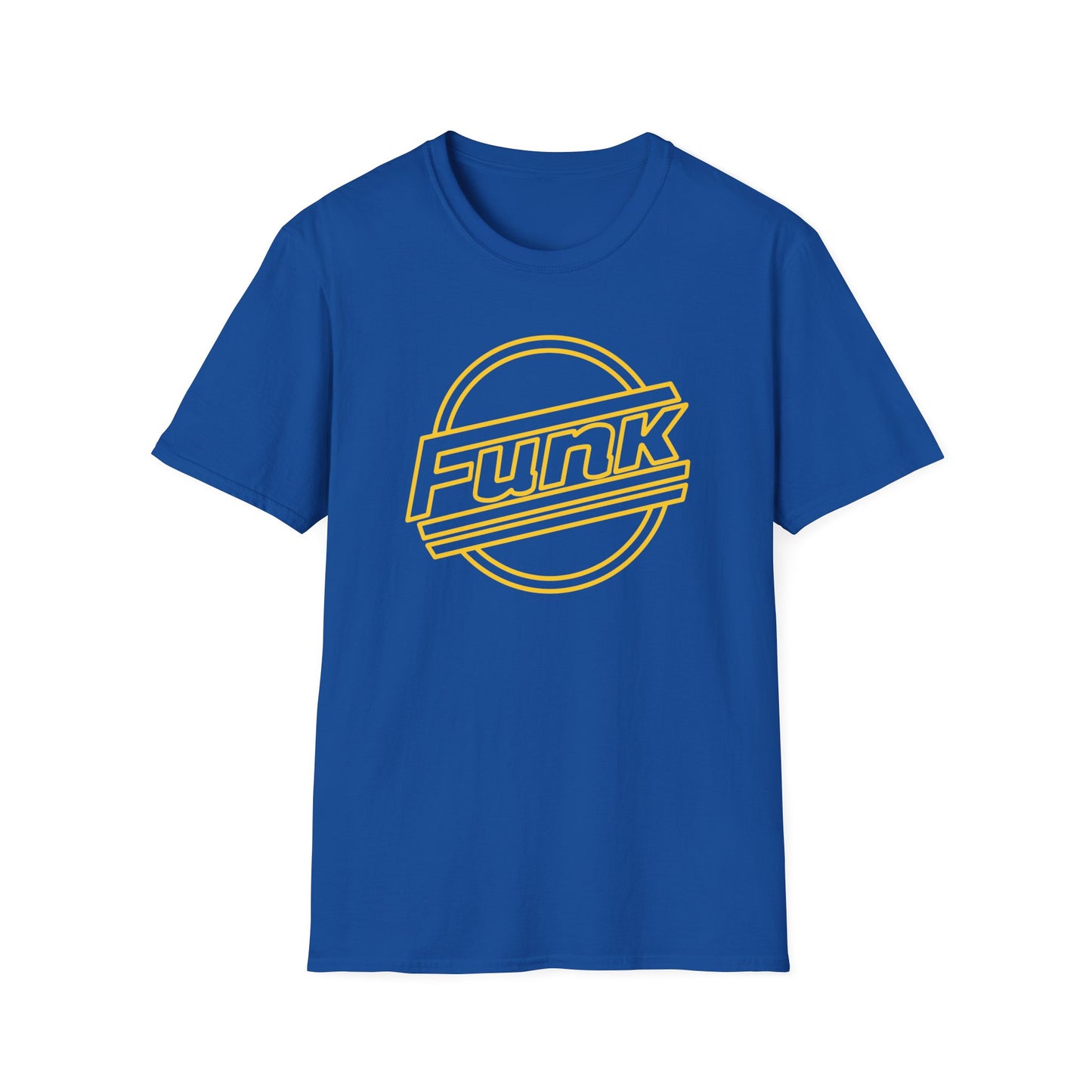 Blue t-shirt with yellow "funk" text inside a circular logo.
