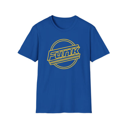 Blue t-shirt with yellow "funk" text inside a circular logo.