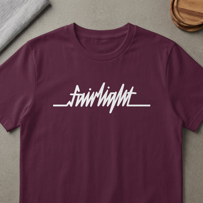 Maroon t-shirt with white "Fairlight" text and wave line graphic.