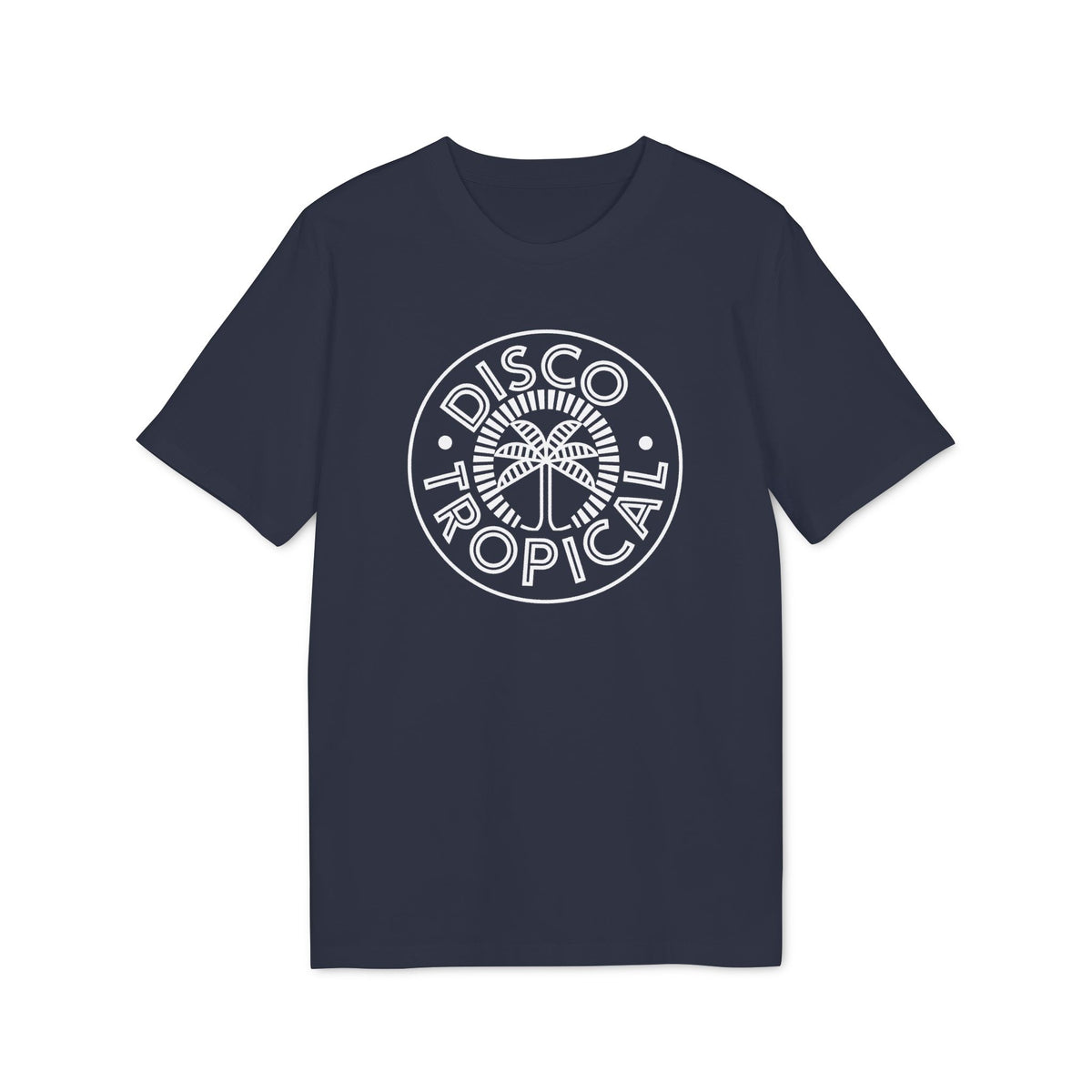 Dark blue t-shirt with white "Disco Tropical" text and palm tree logo.