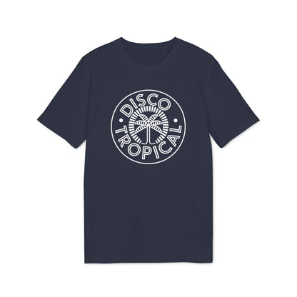 Dark blue t-shirt with white "Disco Tropical" text and palm tree logo.