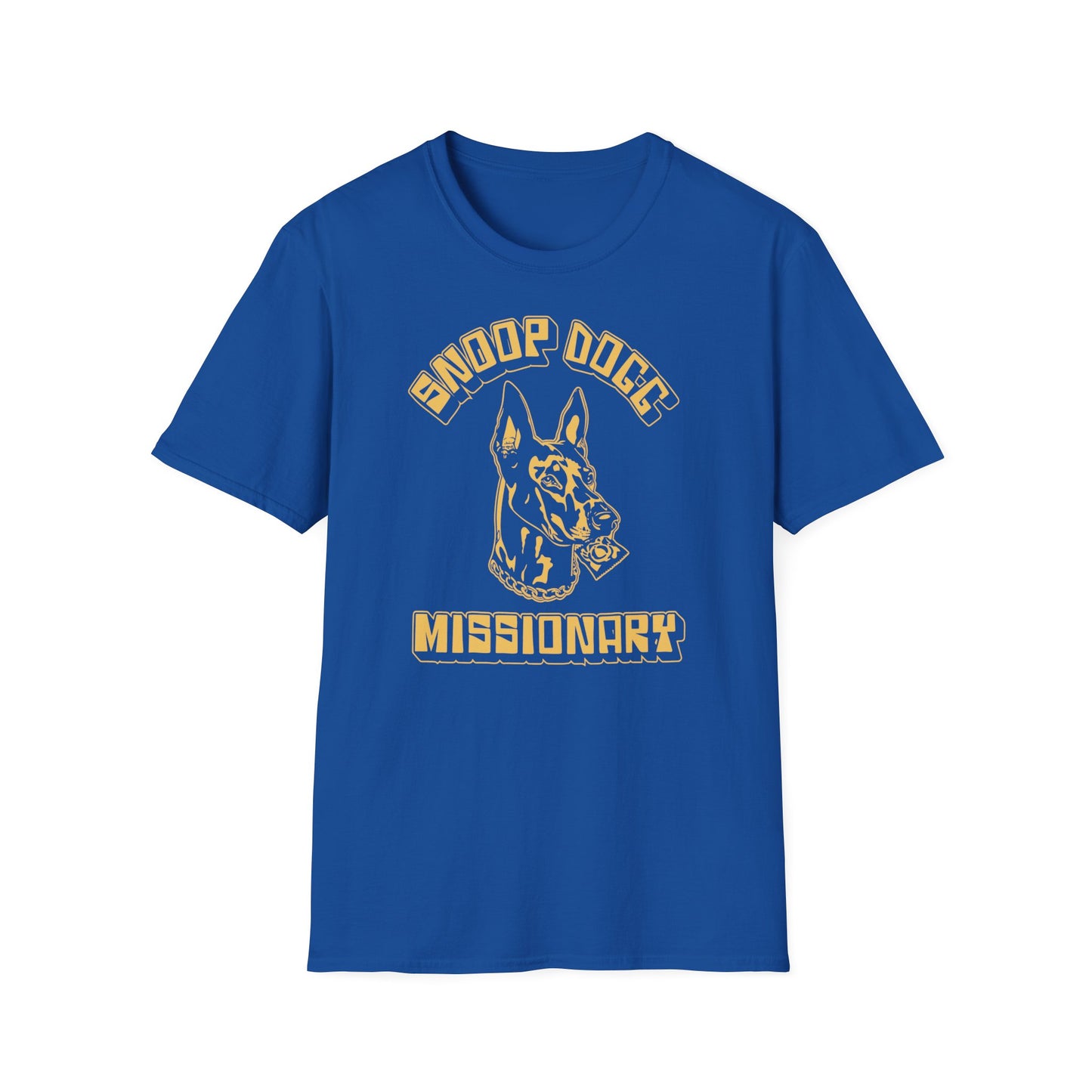 Royal blue t-shirt with a yellow graphic of a dog's head and "Snoop Dogg Missionary" text.
