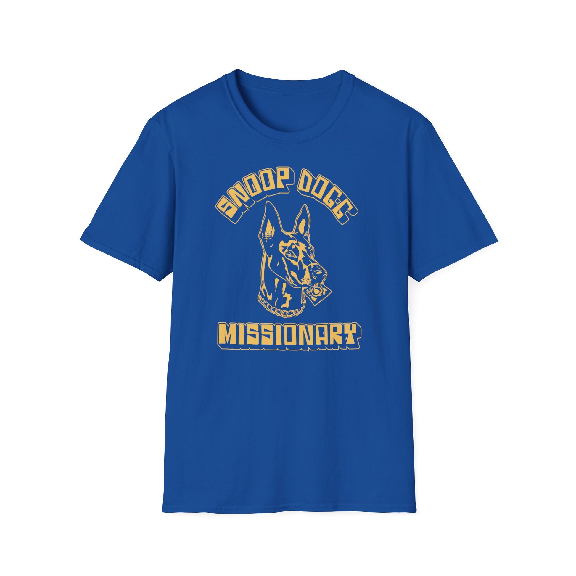 Royal blue t-shirt with a yellow graphic of a dog's head and "Snoop Dogg Missionary" text.