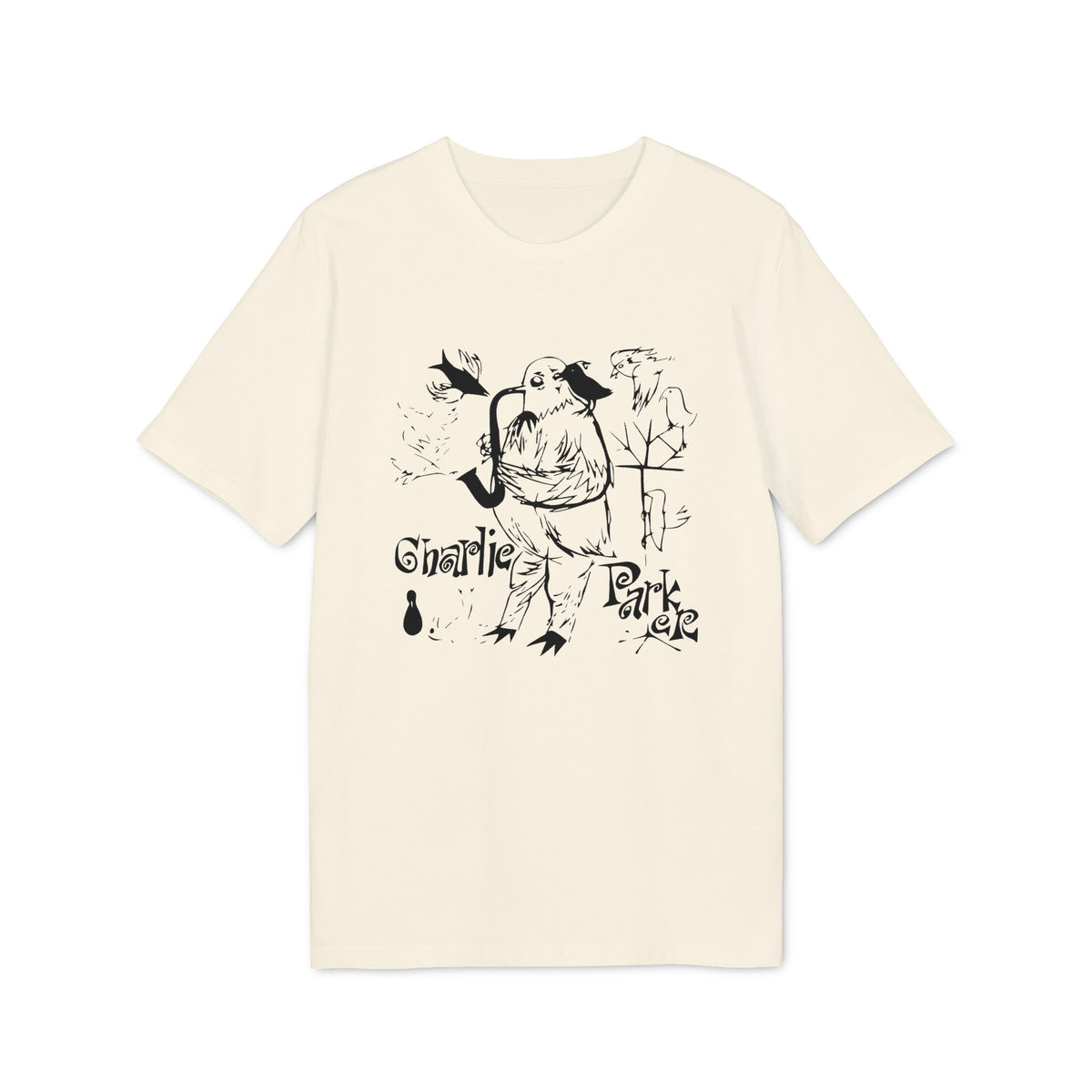 Cream t-shirt with black ink drawing of a bird playing a saxophone and text "Charlie Park".