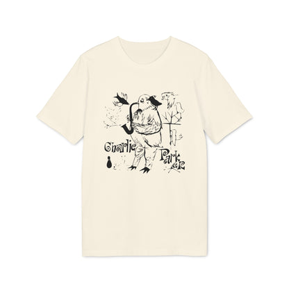 Cream t-shirt with black ink drawing of a bird playing a saxophone and text "Charlie Park".
