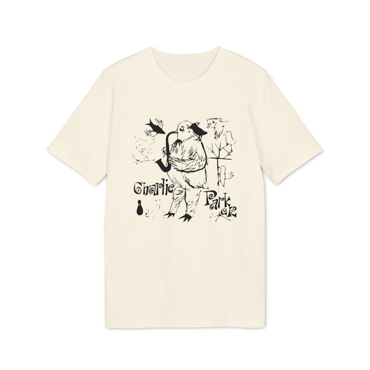 Cream t-shirt with black ink drawing of a bird playing a saxophone and text "Charlie Park".