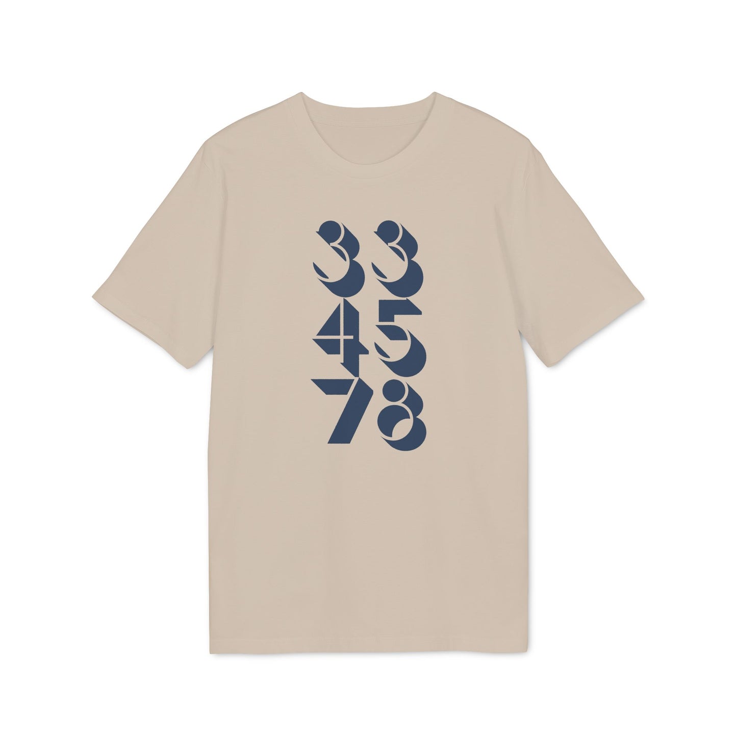 Beige t-shirt with vertically stacked blue numbers 33, 45, 78.