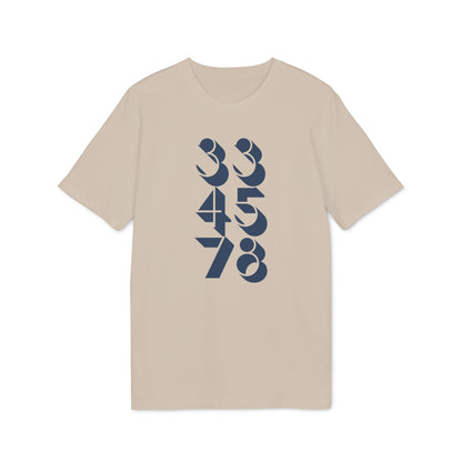 Beige t-shirt with vertically stacked blue numbers 33, 45, 78.