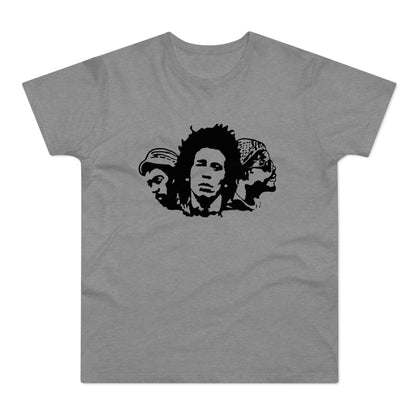 Black silhouette of three heads on a grey t-shirt.