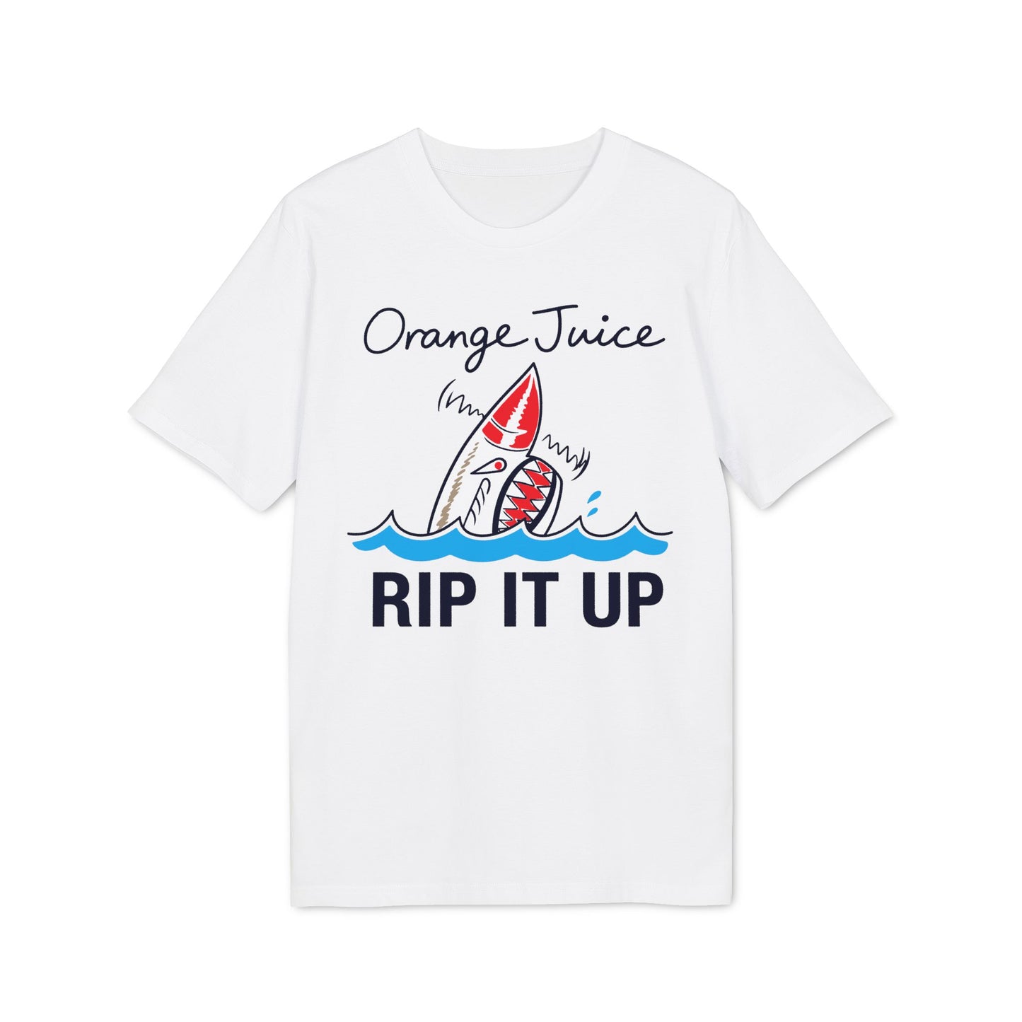 White t-shirt with orange juice text, shark graphic, and "Rip It Up" text.