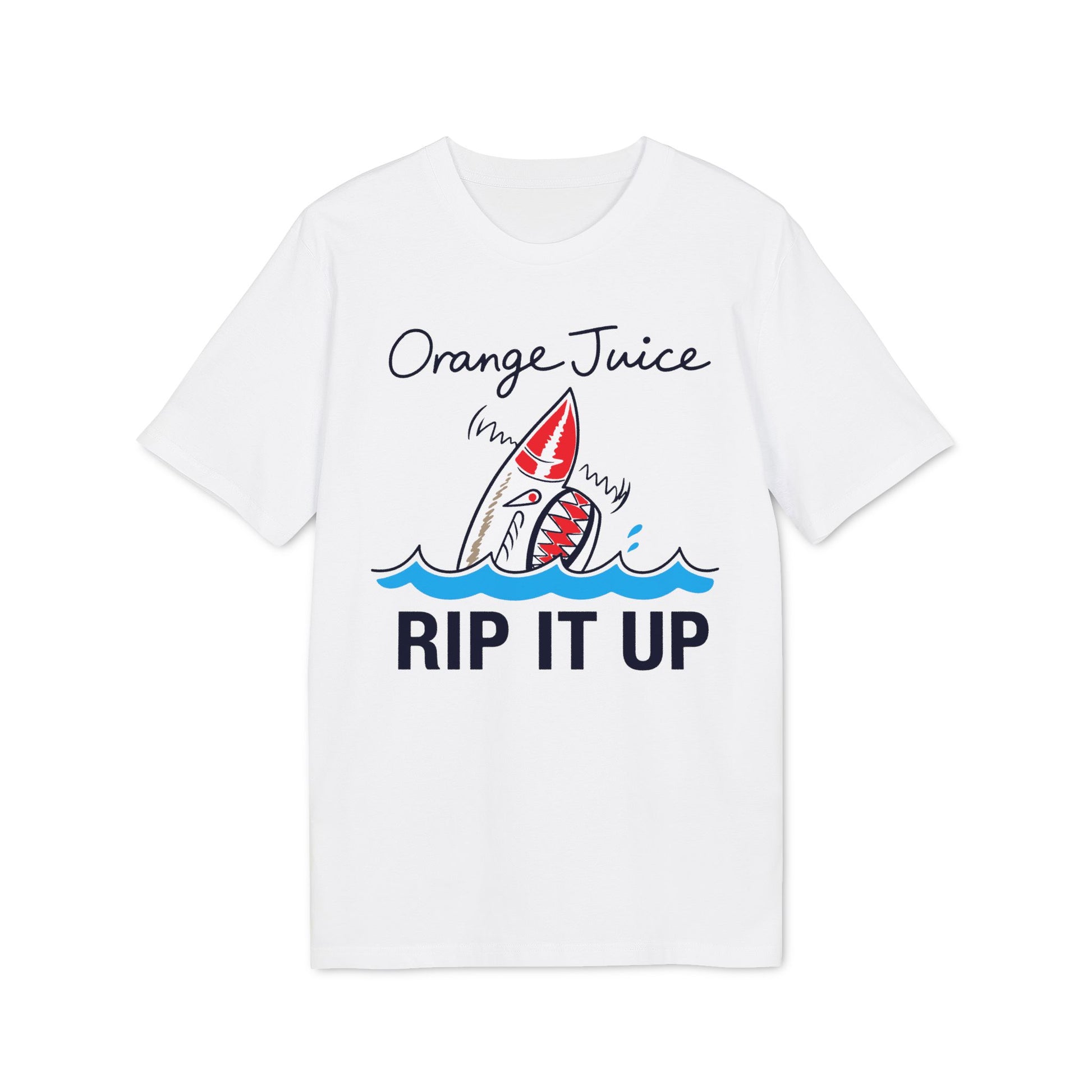 White t-shirt with orange juice text, shark graphic, and "Rip It Up" text.