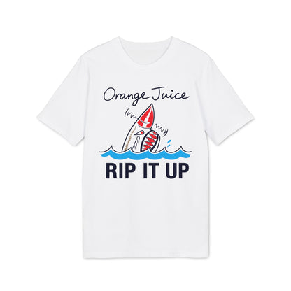 White t-shirt with orange juice text, shark graphic, and "Rip It Up" text.