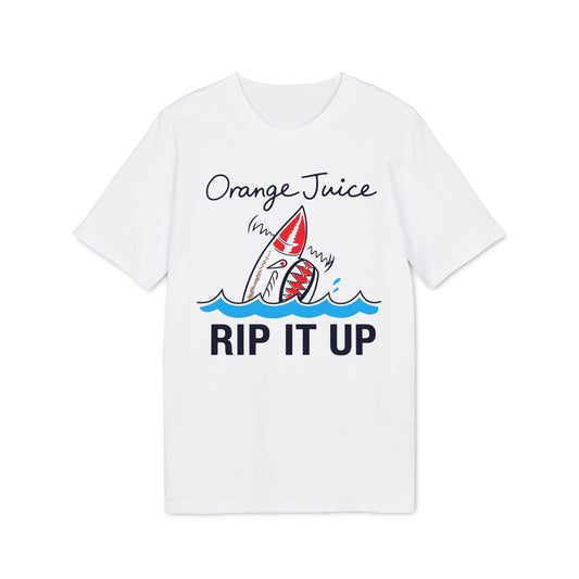 White t-shirt with orange juice text, shark graphic, and "Rip It Up" text.
