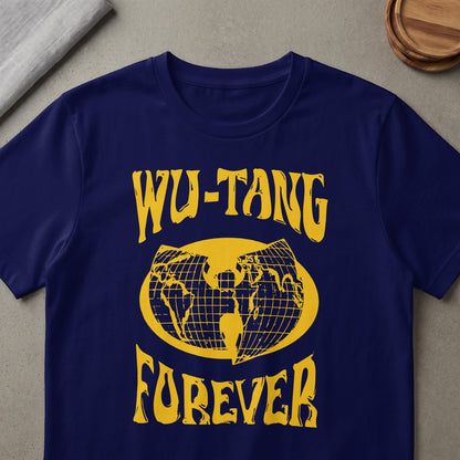 Dark blue t-shirt with yellow "Wu-Tang Forever" text and globe graphic.